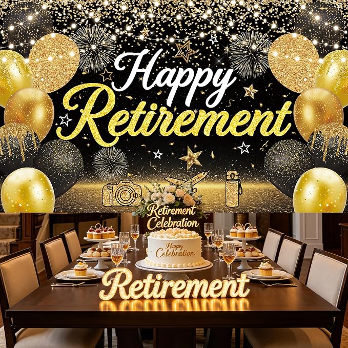 Large Black Gold Happy Retirement Decorations Banner - Image 7