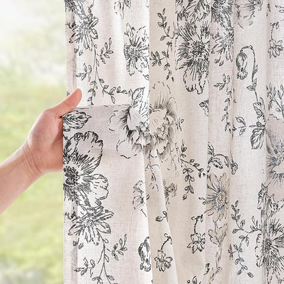 jinchan Black Floral Linen Curtains 84 Inch Farmhouse Back Tab 2 Panels | Light - Image 3