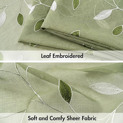 MIULEE Sage Green Sheer Curtains 2 Panels Leaf Patterned, W52 x L54 | - Image 4