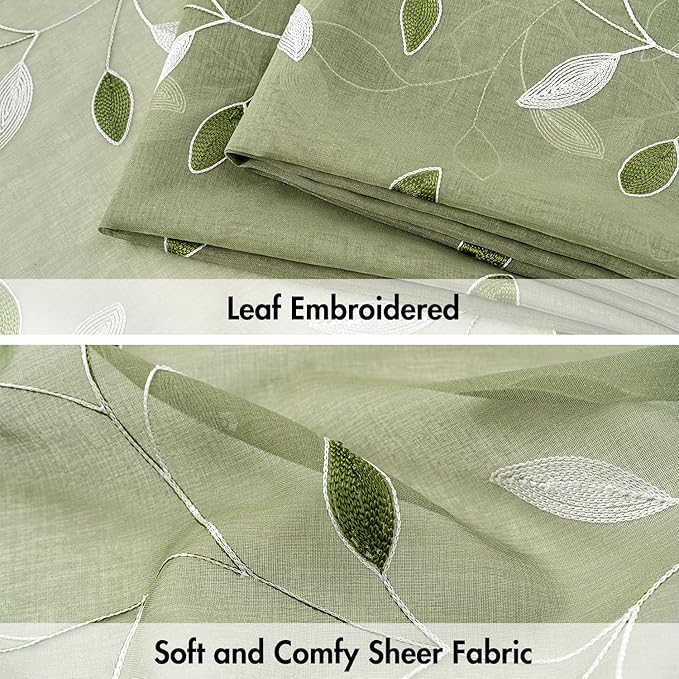 MIULEE Sage Green Sheer Curtains 2 Panels Leaf Patterned, W52 x L96 | - Image 4