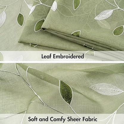 MIULEE Sage Green Sheer Curtains 2 Panels Leaf Patterned, W52 x L96 | - Image 4