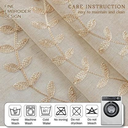 2 Panels Linen Leaf String Floral Embroidered Semi Sheer Curtain Farmhouse - Image 6