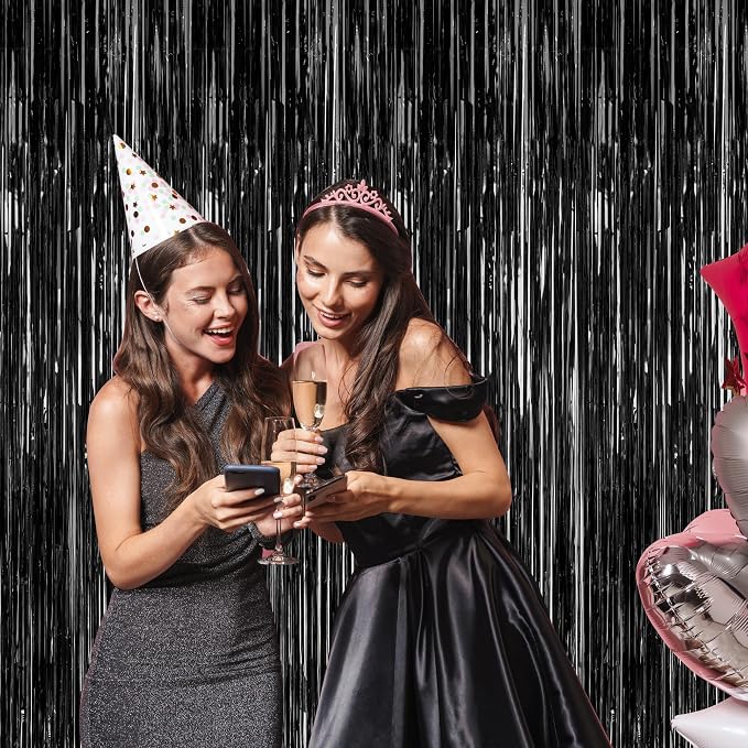 ZATAYE 2 Pack Black Foil Curtain Backdrop Birthday Party Decorations | Black - Image 5