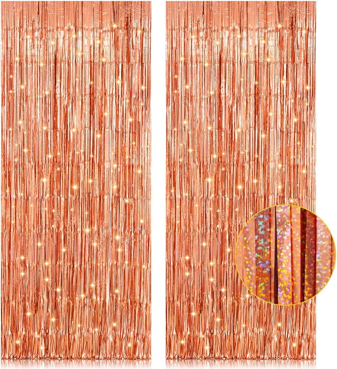 2 Pack 3.2ft x 8.2ft Rose Gold Foil Fringe Curtain Backdrop, Metallic Tinsel by welcomePIGETALE
