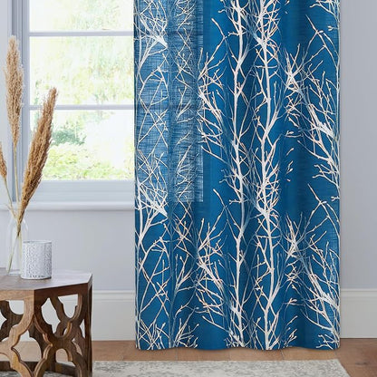 FMFUNCTEX Linen Silver Navy Blue Semi Sheer Print Curtains 96 Inch 2 Panels | - Image 5