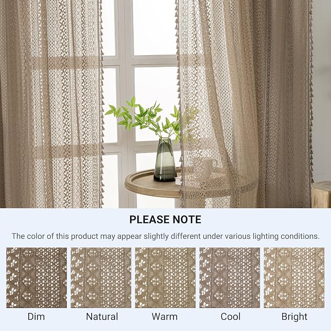 WAZZIO Boho Lace Curtains 72 Inches 2 Panel, Light Filtering Privacy Tassel & - Image 6