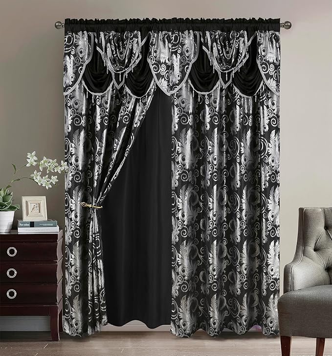 GLORY RUGS Jacquard Luxury Window 2 Panel Set Black Curtain by GLORYRUGS