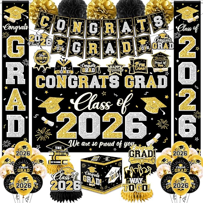 Graduation Decorations Class of 2026 Black and Gold Graduation Decorations by YTGUVBK