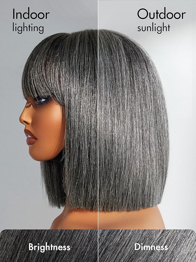 LUVME HAIR All-Day Comfort Wig 10 Inch Grey Salt & Pepper Silky Straight Bob Wig with Bangs Human Hair Glueless HD Lace Bob Wig with Mix Grey Color, Ready to Go Short Wigs For Women (Breathable Cap)