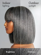LUVME HAIR All-Day Comfort Wig 10 Inch Grey Salt & Pepper Silky Straight Bob Wig with Bangs Human Hair Glueless HD Lace Bob Wig with Mix Grey Color, Ready to Go Short Wigs For Women (Breathable Cap)