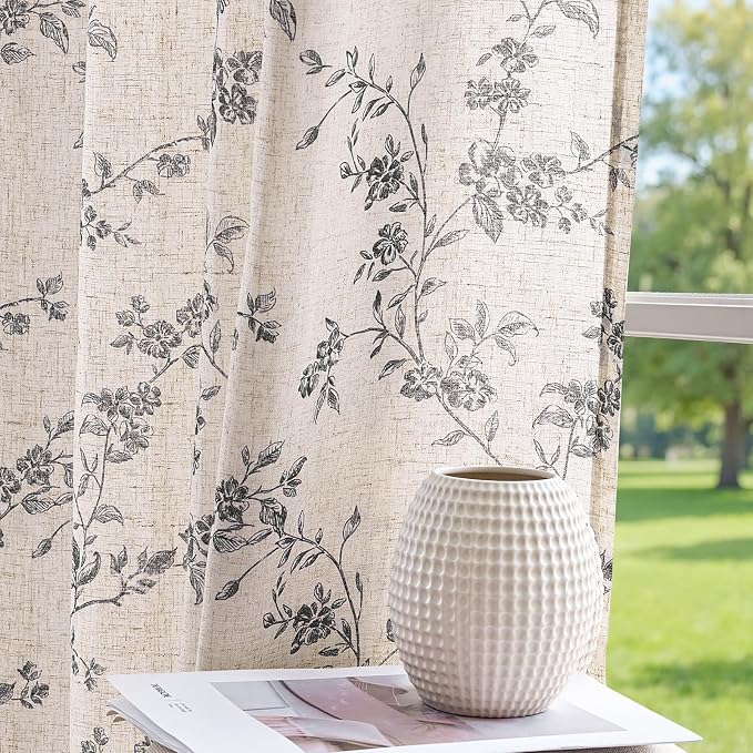jinchan Black Floral Linen Curtains 84 Inch Rustic Drapes Back Tab 2 Panels | - Image 8