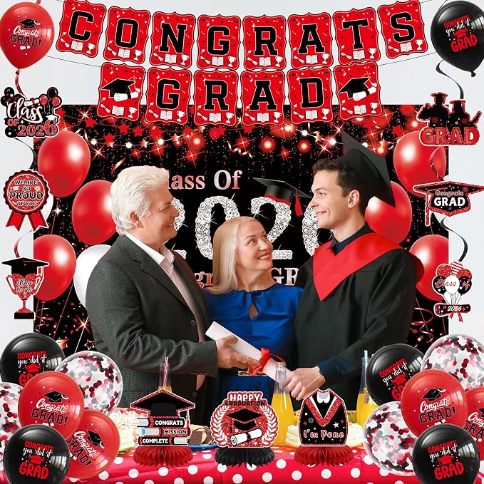 DARUNAXY Black Red Graduation Party Decorations, 2026 Congrats Grad Honeycomb - Image 4