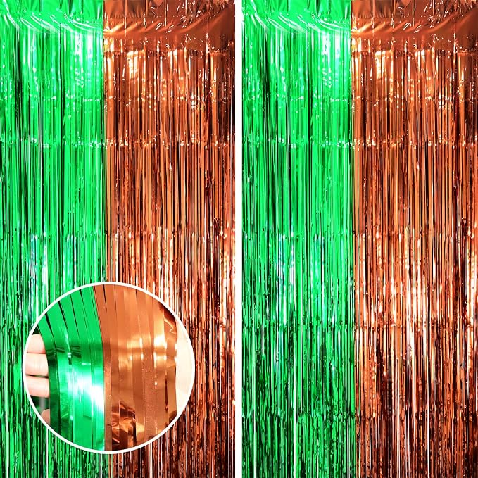 Voircoloria Green Brown Foil Fringe Backdrop Curtains, 2 Pack | Tinsel Streamers by Voircoloria
