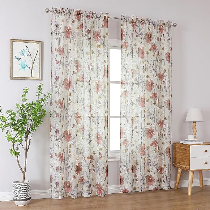 OWENIE Crushed Sheer Curtains 96 Inches Long 2 Panels Set, Sheer Floral by OWENIE