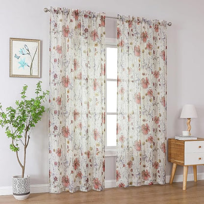 OWENIE Crushed Sheer Curtains 96 Inches Long 2 Panels Set, Sheer Floral by OWENIE