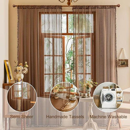 Sutuo Home Dark Coffee Boho Lace Curtains, Sheer Curtains 102 inches Long - Image 5