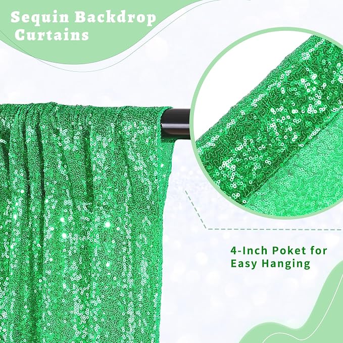 Green Sequin Backdrop Curtains 4 Pcs 2ftx8ft Glitter Shimmer Fabric | Sparkly - Image 5