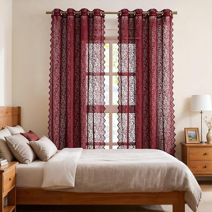 Bujasso Burgundy Lace Sheer Curtains - Image 5
