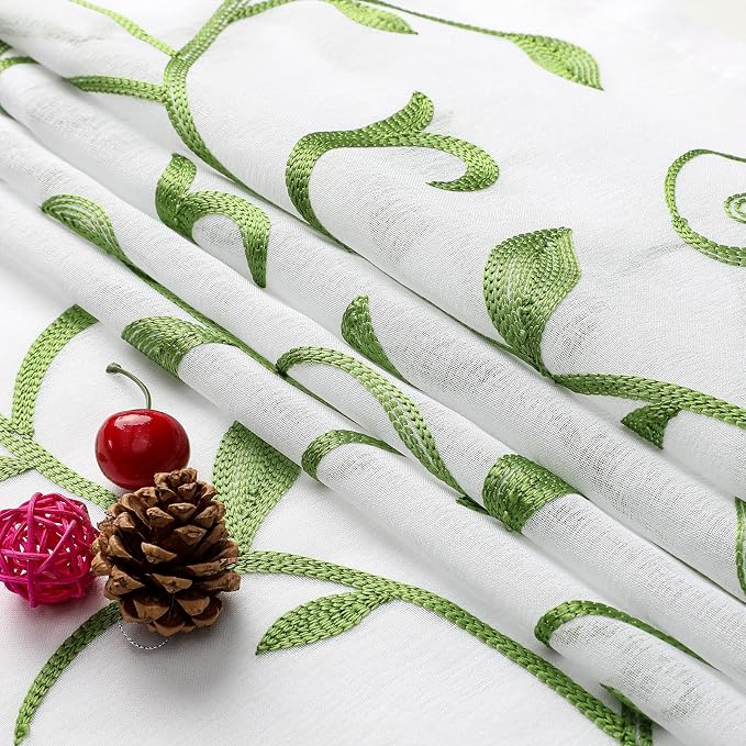 Embroidered Green Sheer Voile Curtains, Leaves Embroidery Faux Linen Rod Pocket - Image 5