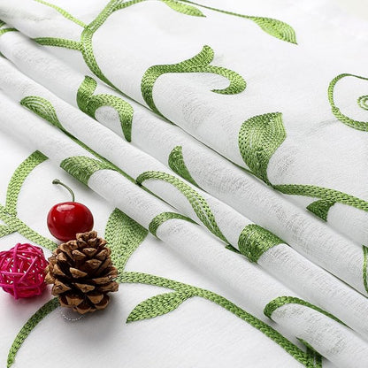 Embroidered Green Sheer Voile Curtains, Leaves Embroidery Faux Linen Rod Pocket - Image 5