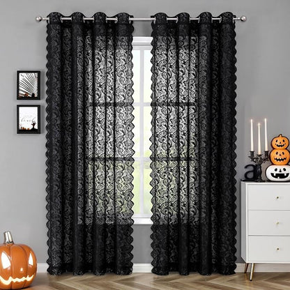Bujasso Black Sheer Lace Curtains 63 inch Luxury Vintage Floral Sheer Window - Image 9