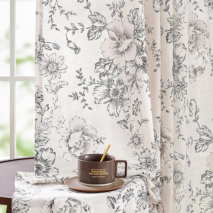 jinchan Black Floral Linen Curtains 84 Inch Farmhouse Back Tab 2 Panels | Light - Image 4