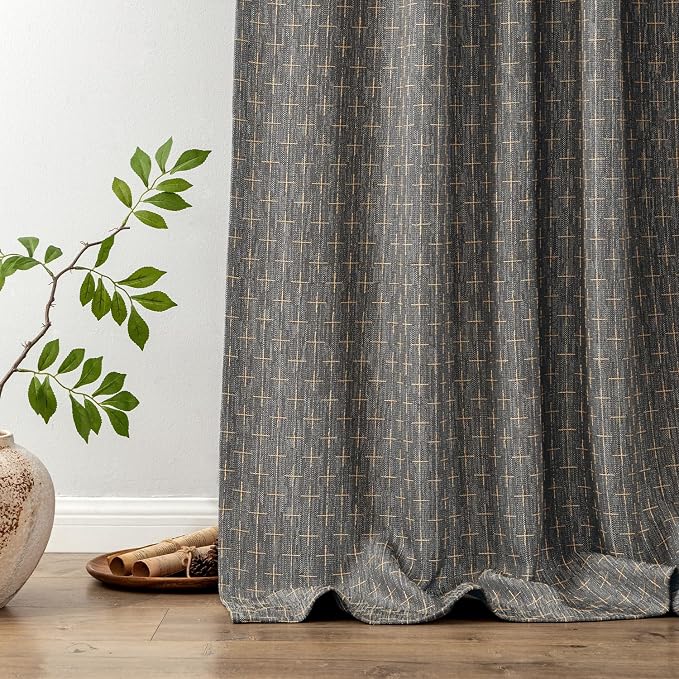 MIULEE Patterned Farmhouse Linen Curtains, Back Tab, Dark Grey | Linen Curtains - Image 6