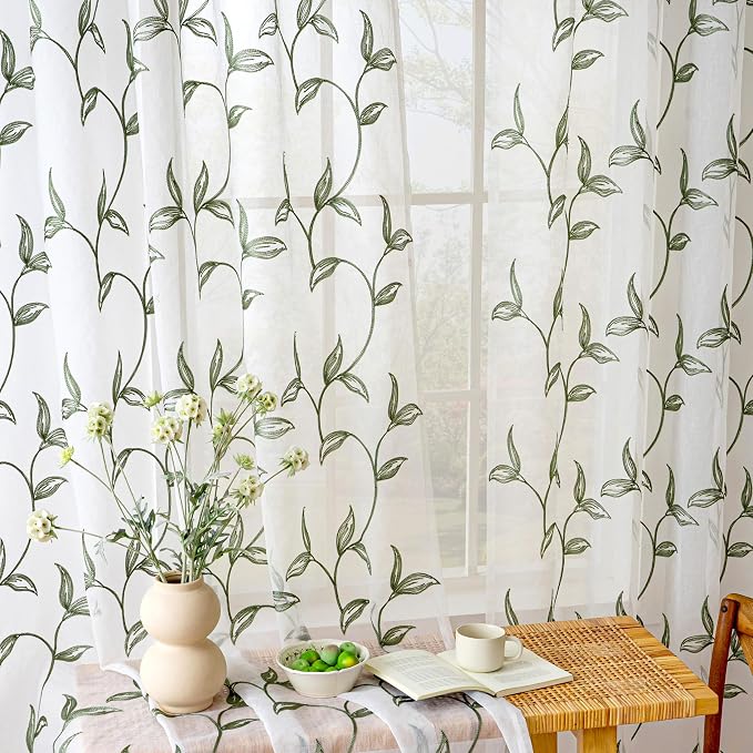 Sheer Curtains Boho Leaf Floral Embroidered Green 54Wx90L | Light Filtering - Image 4