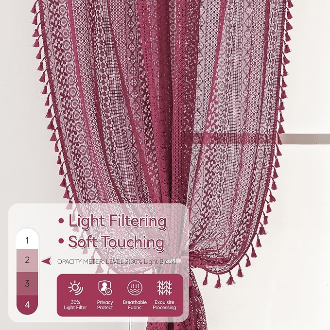 WAZZIO Boho Lace Curtains 63 Inches 2 Panel, Light Filtering Privacy Tassel & - Image 7