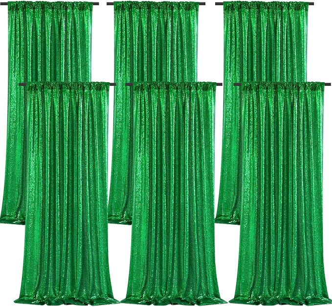 Green Sequin Curtains Backdrop 6 Pcs 2FTx8FT Shiny Shimmer Fabric | Glitter by B-COOL