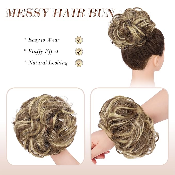 FESHFEN Messy Bun Hair Piece - Elastic Wavy Curly Hair Bun Scrunchies Extensions Synthetic Chignon Hairpieces for Women, Light Brown & Blonde 1.5 oz