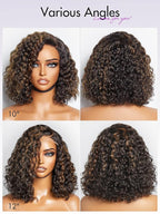 LUVME HAIR 12" Curly Glueless Wigs Human Hair Pre Plucked Pre Cut, Undetectable HD Lace Curly Bob Wig Human Hair Short Black Wig with Blonde Highlights Ready to Go Wig 180 Density