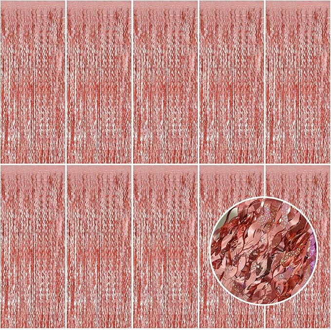 Rose Gold Tinsel Foil Fringe Curtains Wavy Backdrop by BOMSI