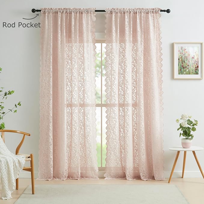 Bujasso Pink Sheer Lace Curtains 63 inch Vintage Floral Sheer Window Curtain - Image 6
