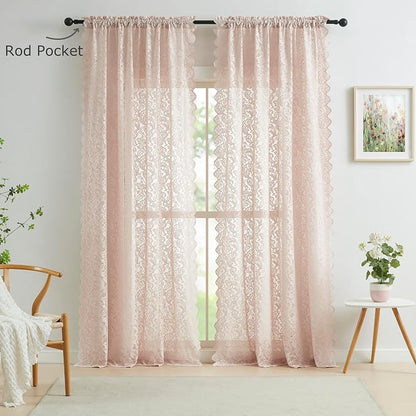 Bujasso Pink Sheer Lace Curtains 63 inch Vintage Floral Sheer Window Curtain - Image 6