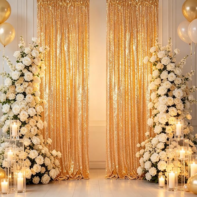 ShinyBeauty Gold Sequin Backdrop Curtain 2 Panels 4x7ft Party Background | 4" - Image 5