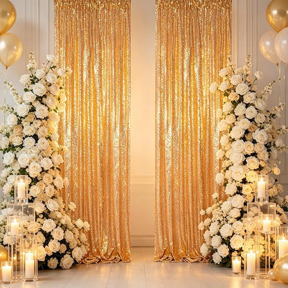 ShinyBeauty Gold Sequin Backdrop Curtain 2 Panels 4x7ft Party Background | 4" - Image 5