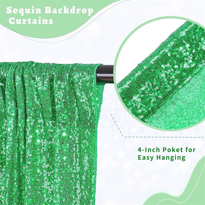 Green Sequin Curtains Backdrop 6 Pcs 2FTx8FT Shiny Shimmer Fabric | Glitter - Image 3