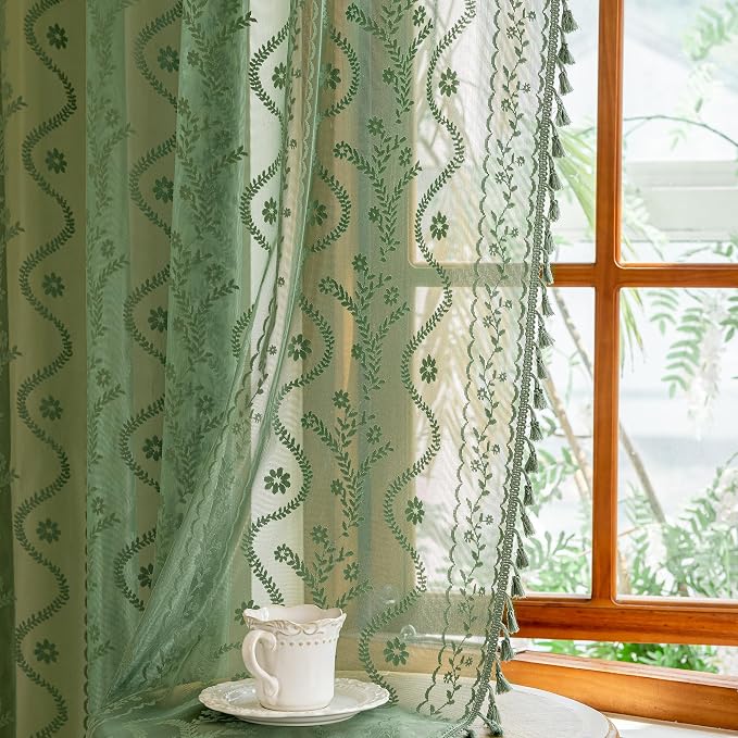 WAZZIO Boho Lace Curtains 2 Panels 96 Inches -Vintage Victorian Sheer Panel by WAZZIO