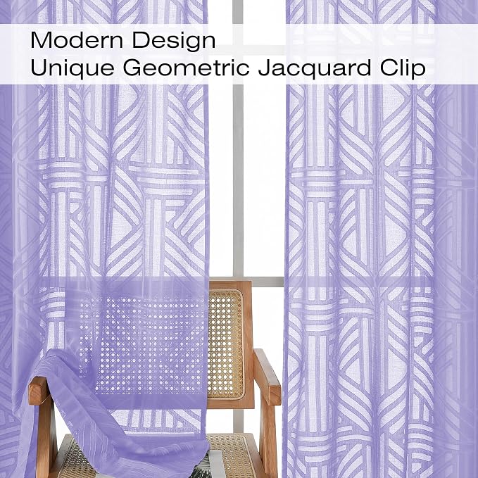 Simplebrand Lavender Semi Sheer Curtains 54 Inch Length 2 Panels, Geometric - Image 3