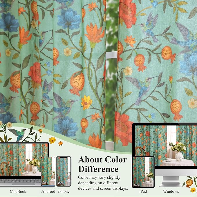 Green Floral Linen Curtains, Boho Whimsical Bird Print Curtains - Image 8