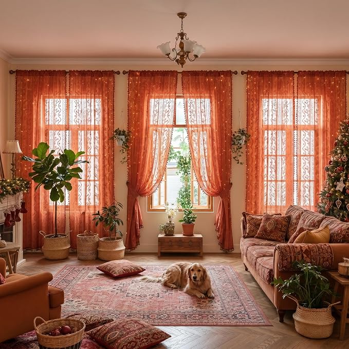 WAZZIO Boho Lace Curtains 105 Inch 2 Panels-Vintage Sheer Panel Drape Floral - Image 7