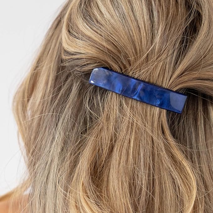 Navy Blue Hair Barrette for Thin Hair, Classic Rectangle French Barrette for Women, Lightweight and Comfortable, Strong Hold, Nacro Ocean | France Luxe