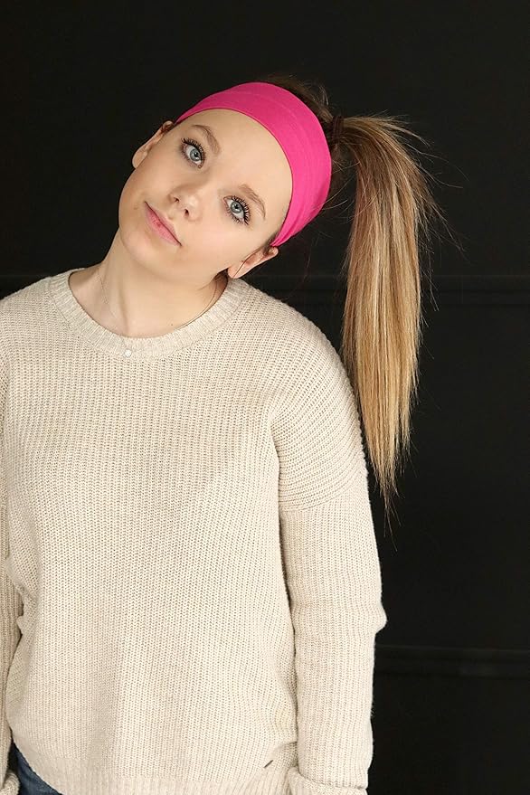 Kenz Laurenz Soft and Stretchy Elastic Cotton Headbands, Pack of 12, Hot Pink