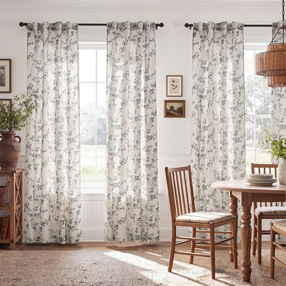 jinchan Black Floral Linen Curtains 84 Inch Rustic Drapes Back Tab 2 Panels | - Image 3