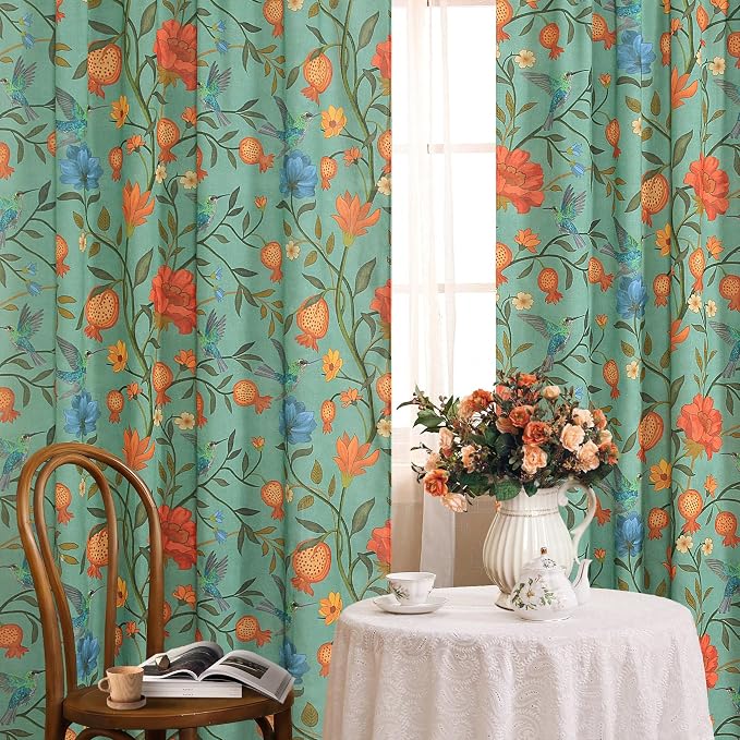 Green Floral Linen Curtains, Boho Whimsical Bird Print Curtains - Image 2