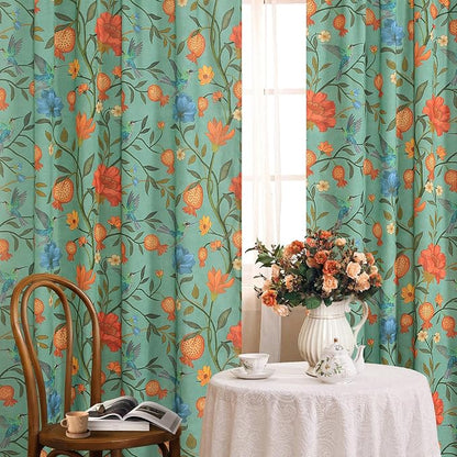 Green Floral Linen Curtains, Boho Whimsical Bird Print Curtains - Image 2