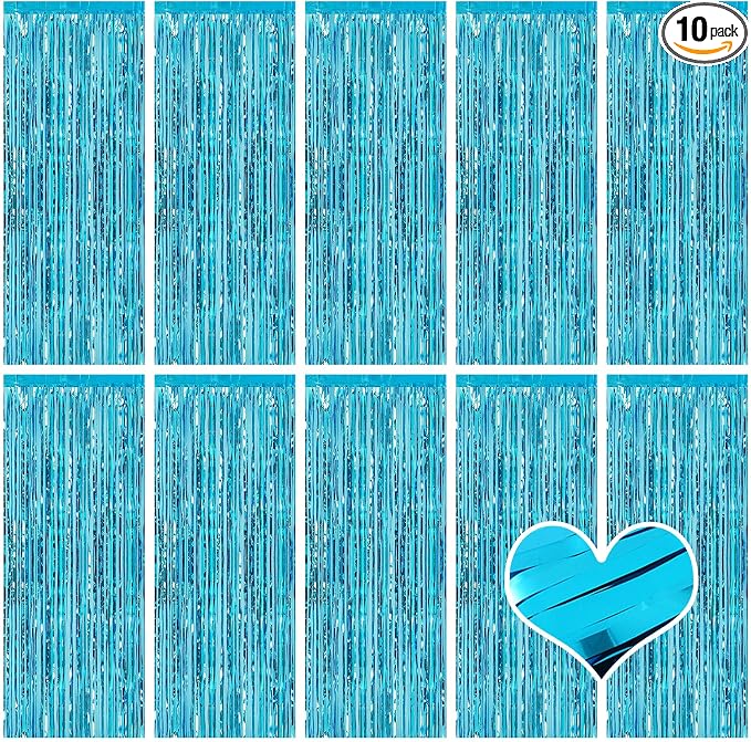 10 Pack Teal Blue Backdrop Curtain 3.2ft x 8.2ft Metallic Tinsel Foil Fringe by Ohiyoo