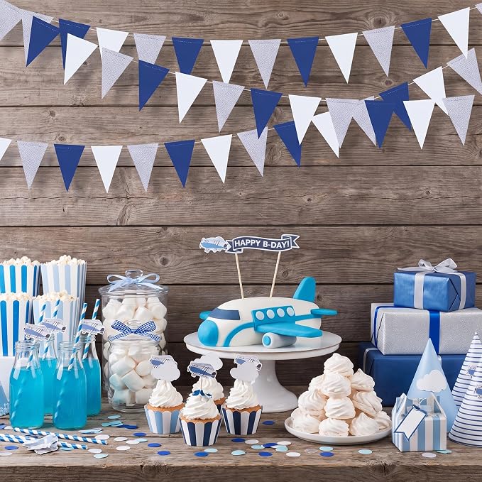 30 Ft Navy Blue White and Silver Party Decorations Royal Blue Triangle Flag - Image 6