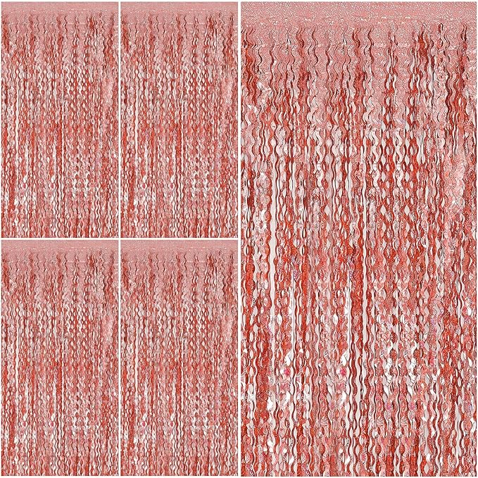 Rose Gold Tinsel Foil Fringe Curtains Wavy Backdrop by BOMSI